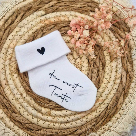 Weiße Babysocke mit Aufdruck „du wirst Tante“ – kreative Schwangerschaftsankündigung, Geschenkidee