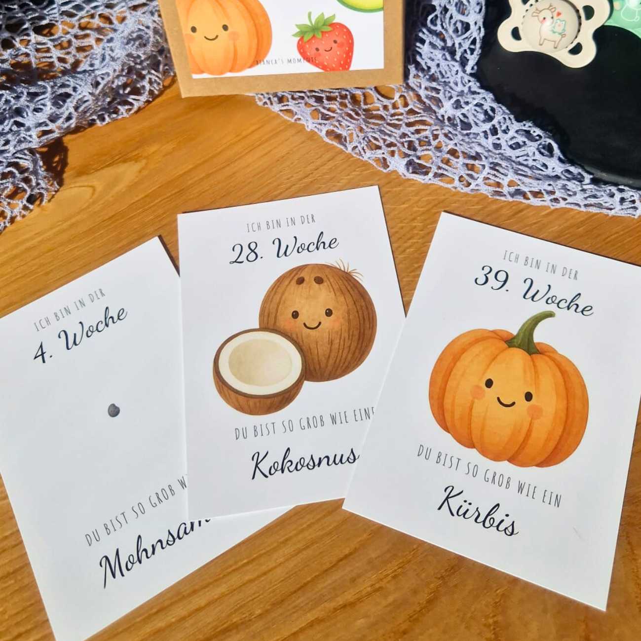 Wochenkarten Schwangerschaft, Illustration Kokosnuss für SSW 28 und Kürbis für SSW 39